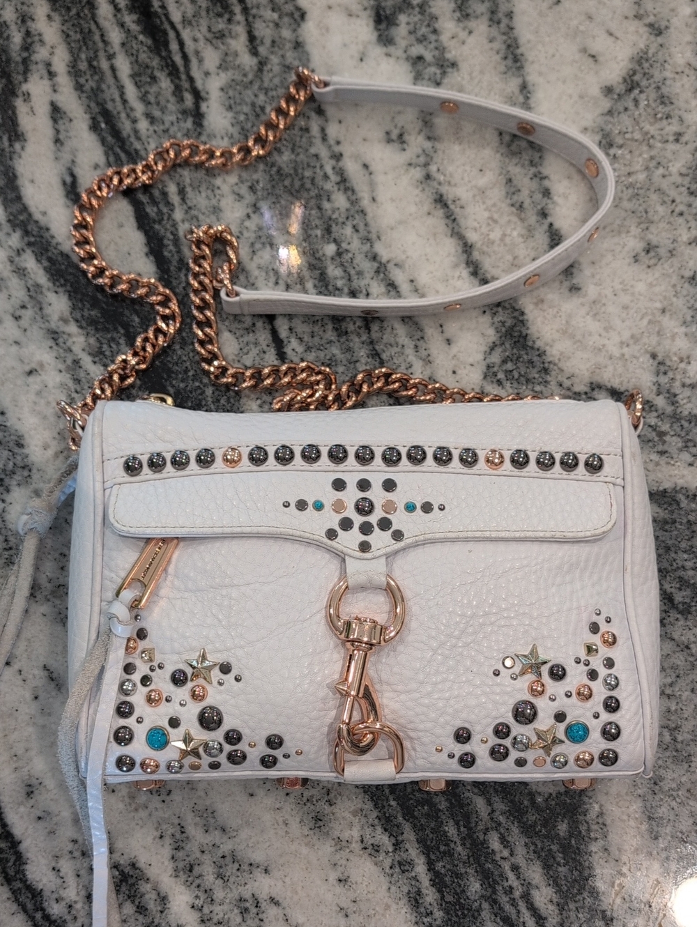 Rebecca Minkoff Leather Multi Studded Crossbody Bag Rose Gold Hardware